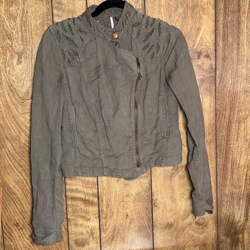 Free People Olive Green Cotton Linen Eyelet Moto Crop Jacket Sz 4 Boho Military